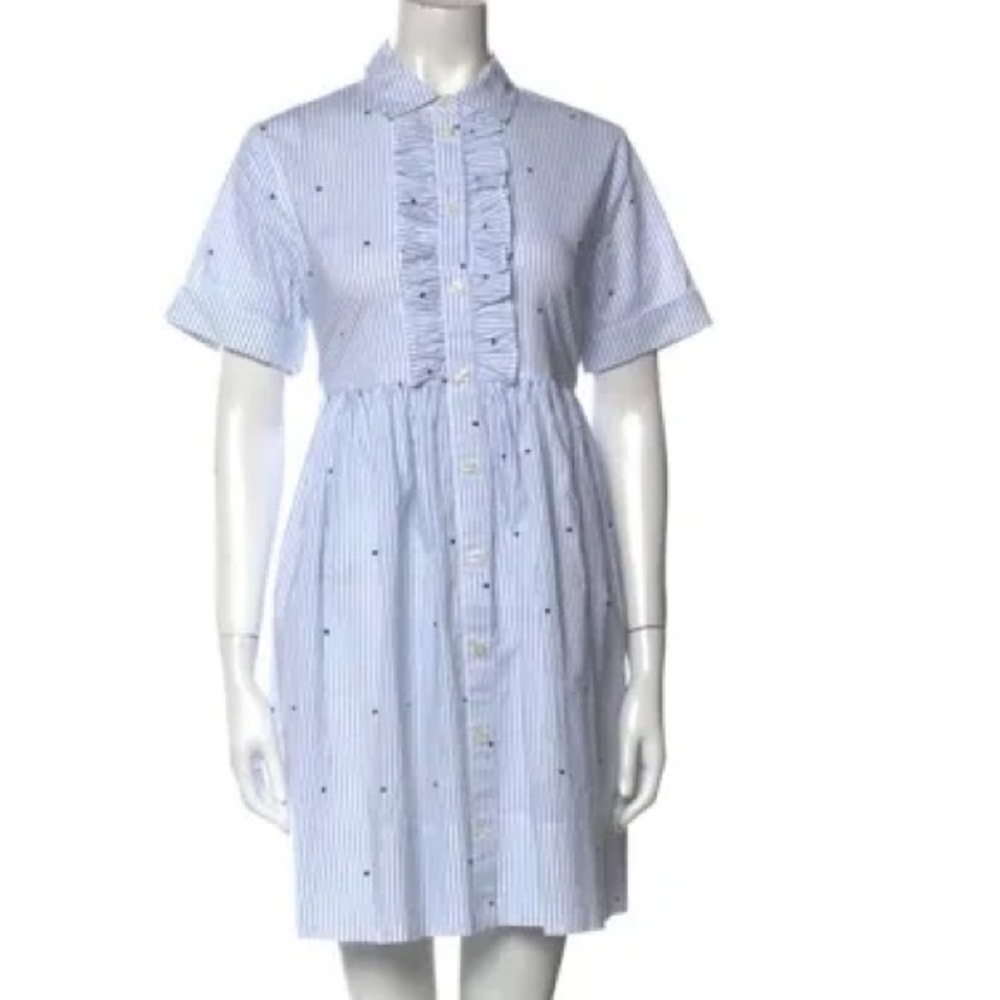 NWOT kate spade White and Blue Pinstripe Ruffle-Front Cotton Dress/w navy hearts